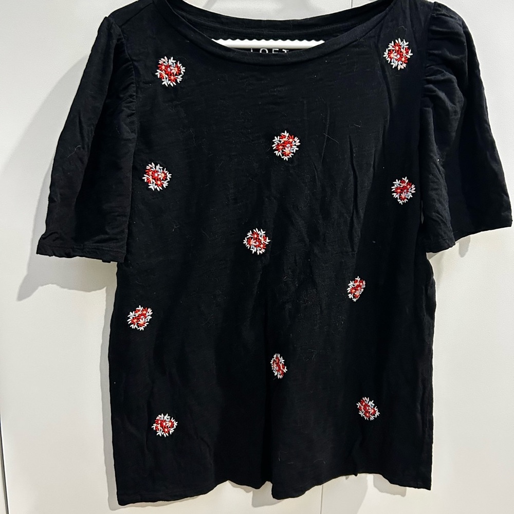 LOFT Black Pink Embellished Short Sleeve Tee
